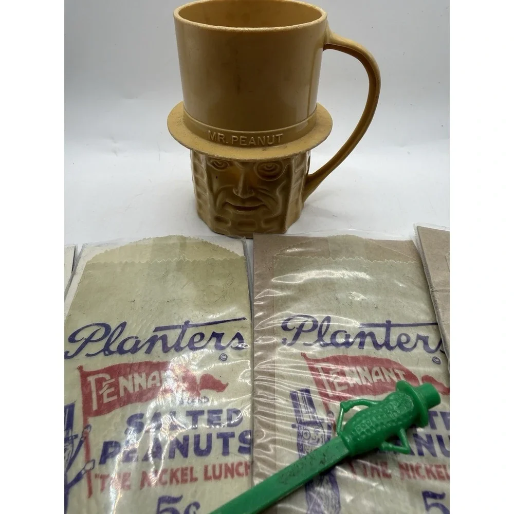 (4) Vintage Planters Mr Peanut Wax Bags Lot 1930s-50s (NOS) + Cup & Stirrer